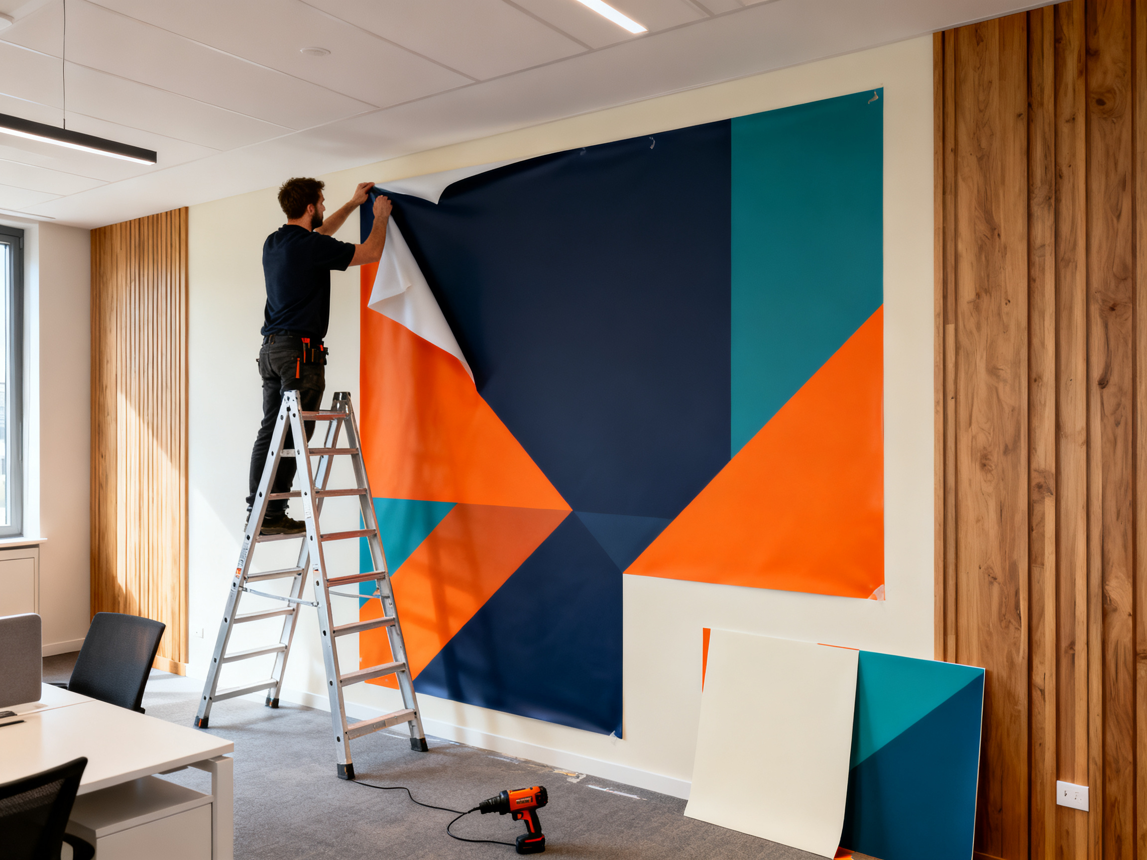 Fresque murale imprimée installée dans un open space — signalétique de salle et branding d'entreprise discret
