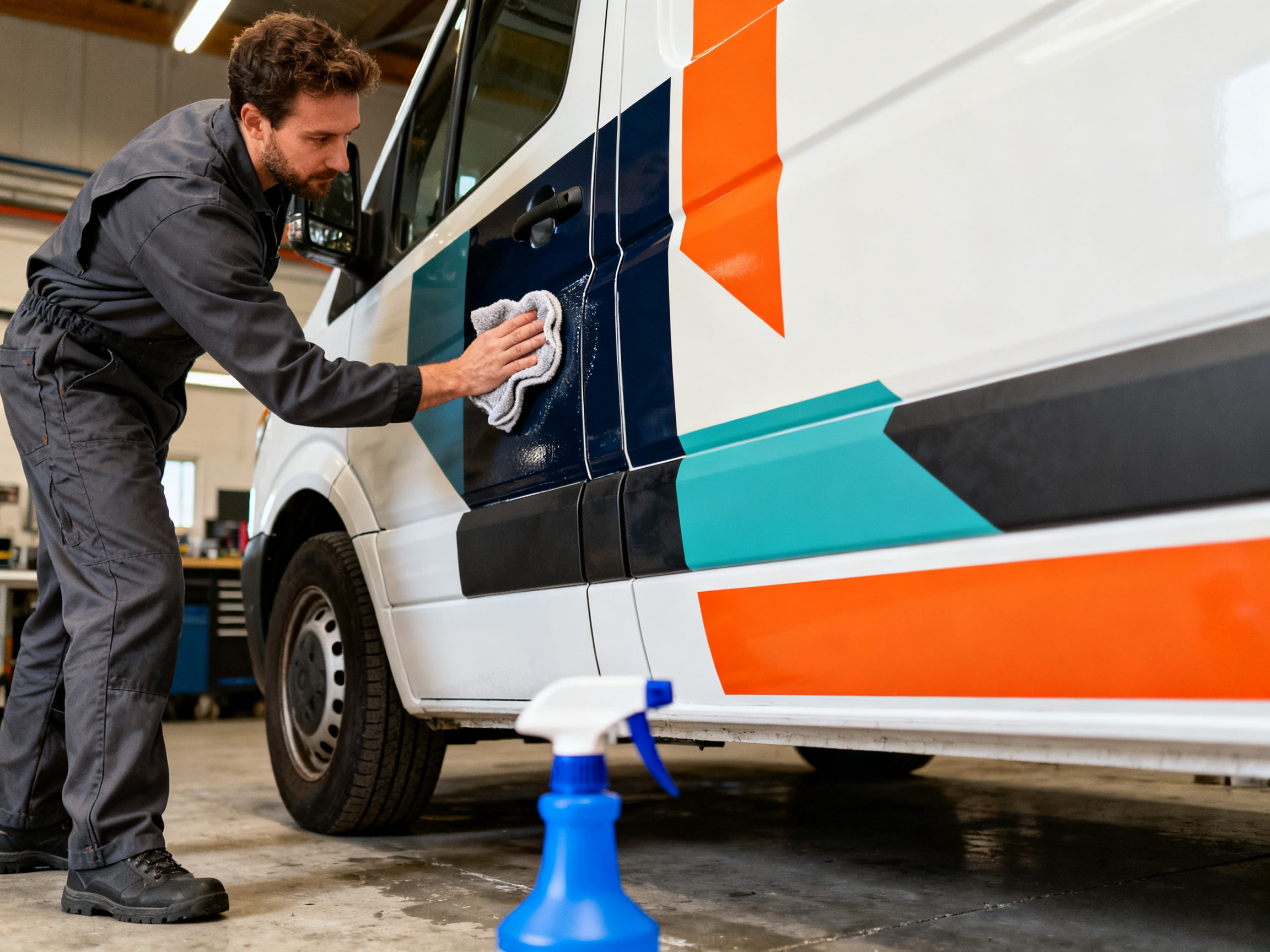 Utilitaire en préparation dans l'atelier — carrosserie dégraissée prête à recevoir son habillage imprimé haute définition