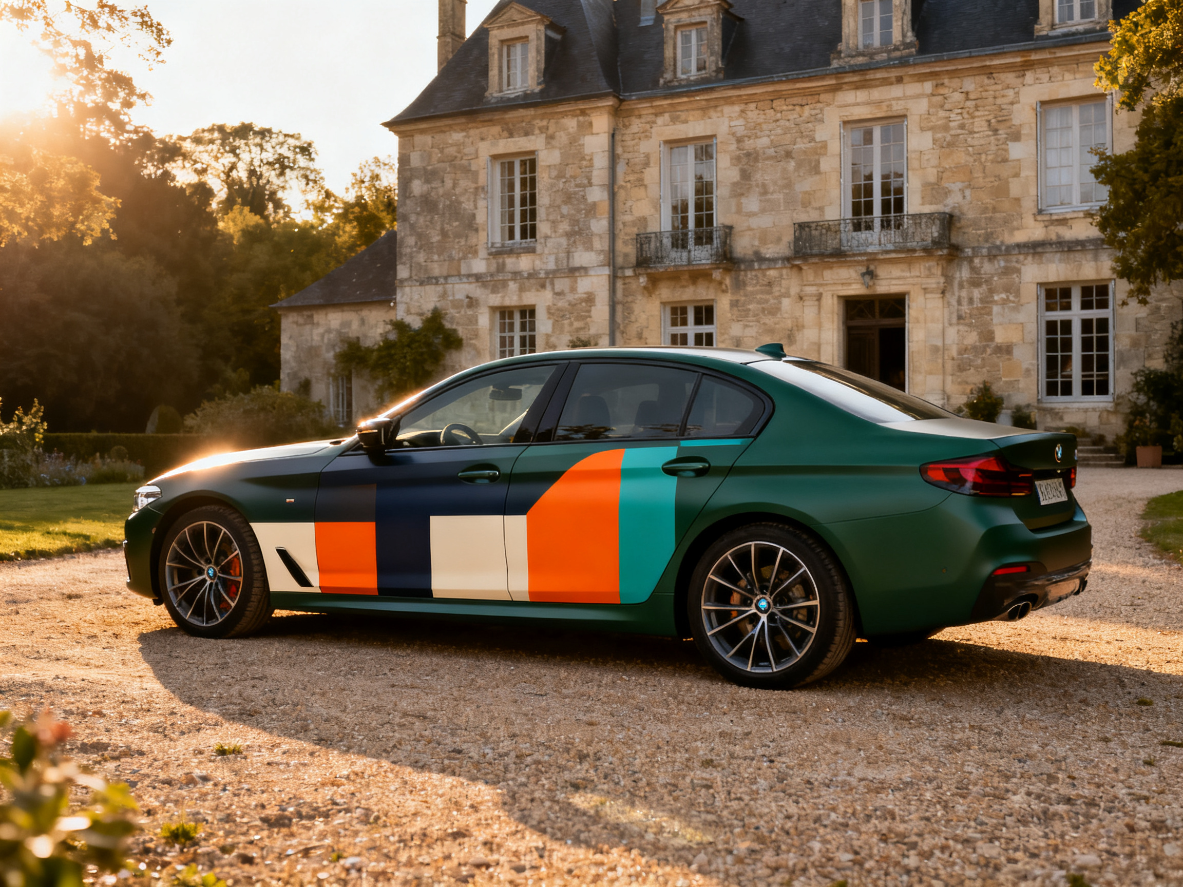 Berline premium en covering vert forêt mat, golden hour campagne