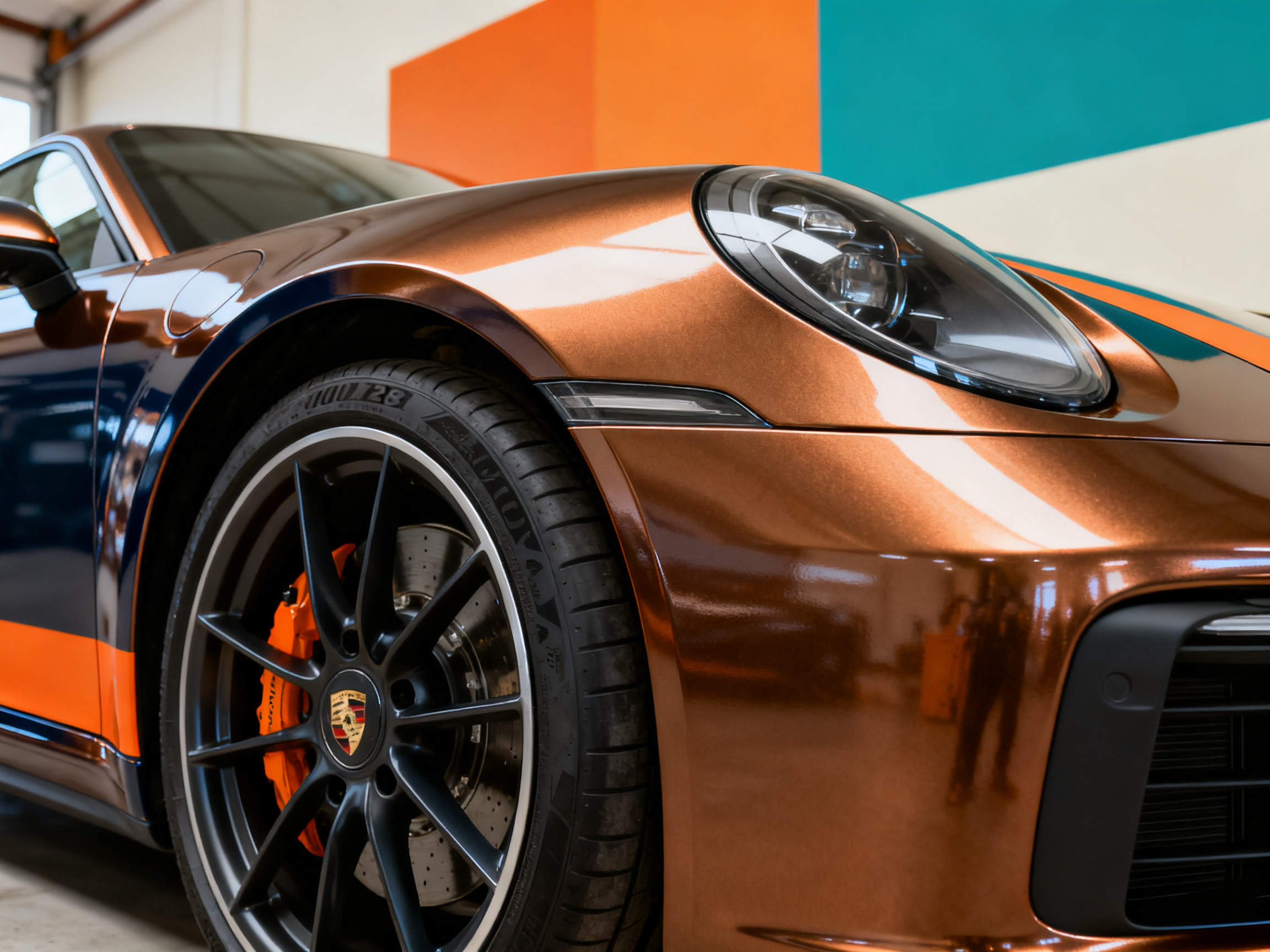 Gros plan aile avant d'un coupé Porsche en covering bronze métallique