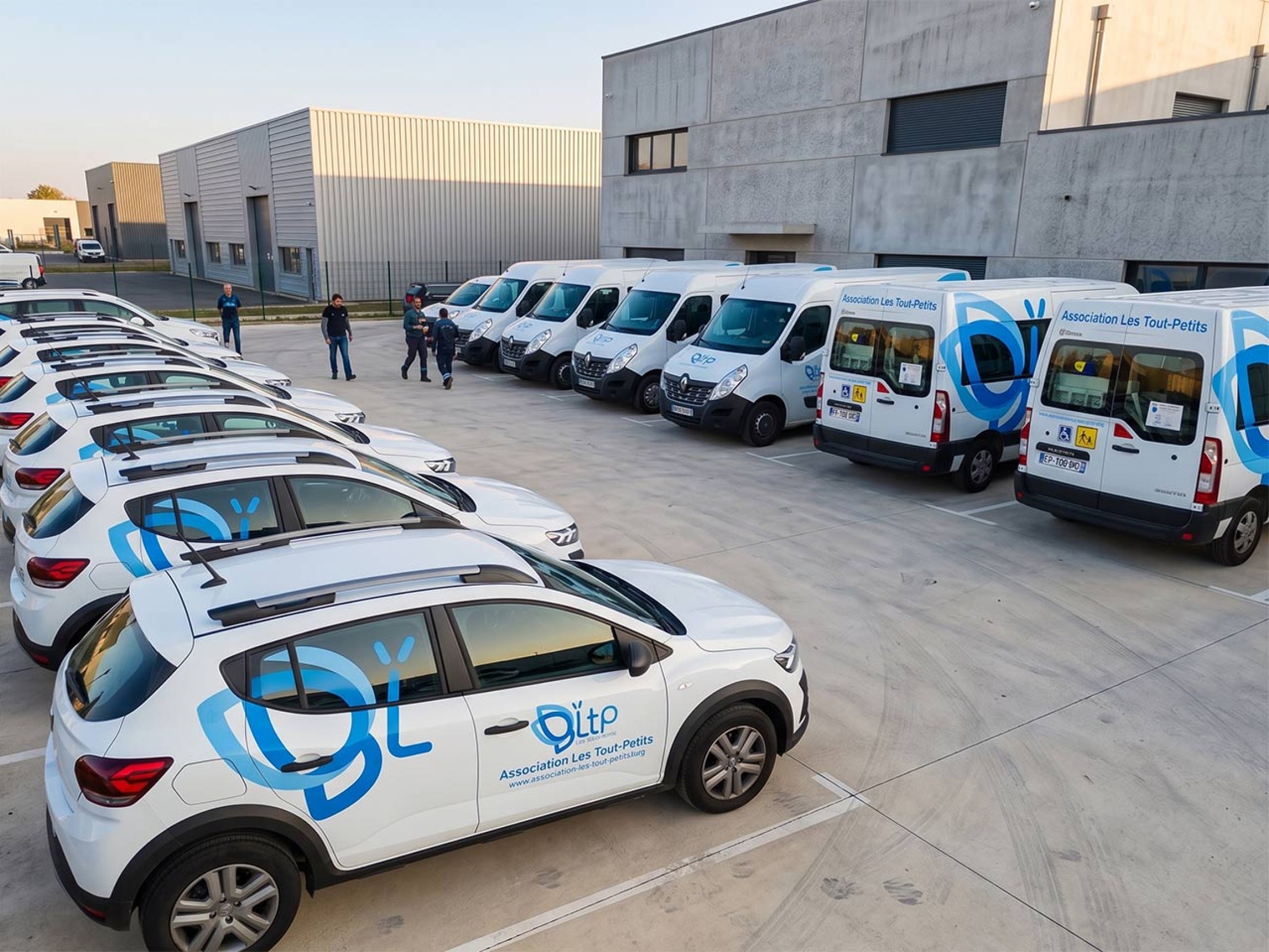 Quatre Renault Kangoo alignés sur parking dépôt, livrée orange et navy identique
