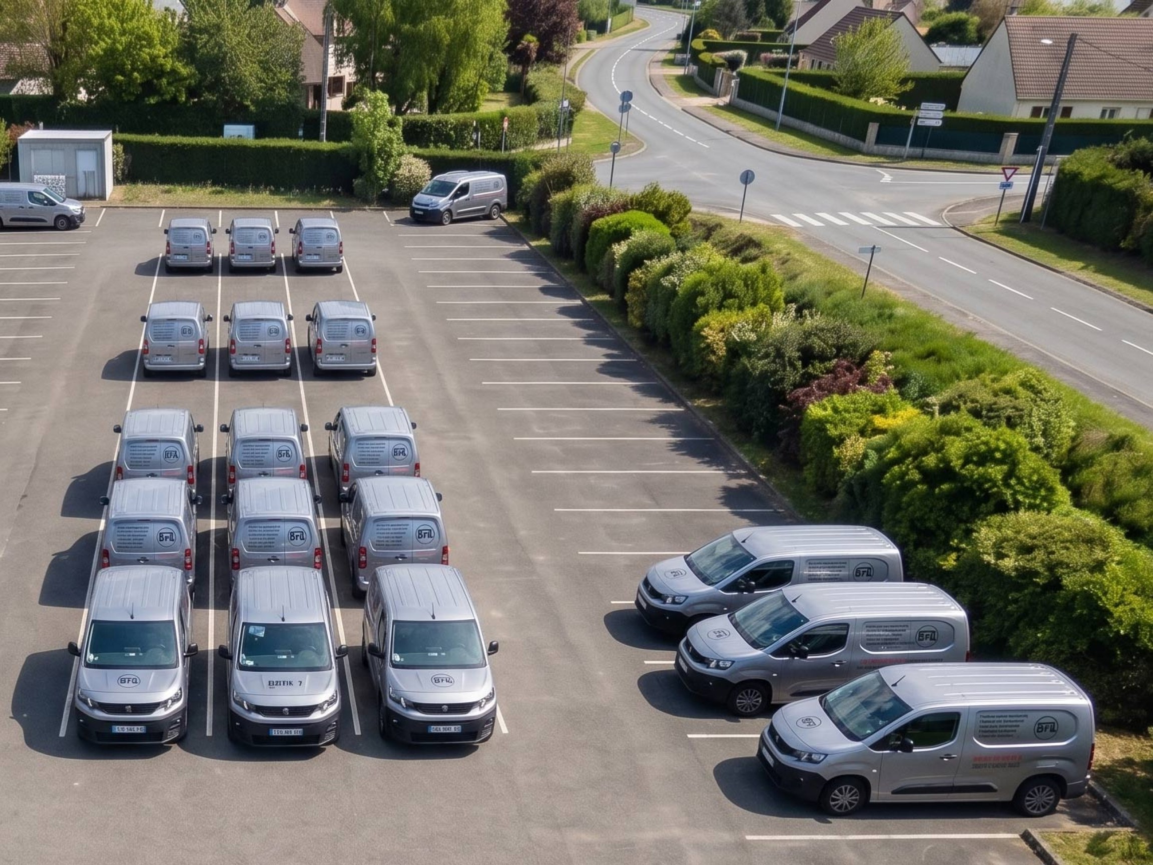 Vue aérienne de 8 fourgons alignés en 2x4 sur parking, même habillage orange