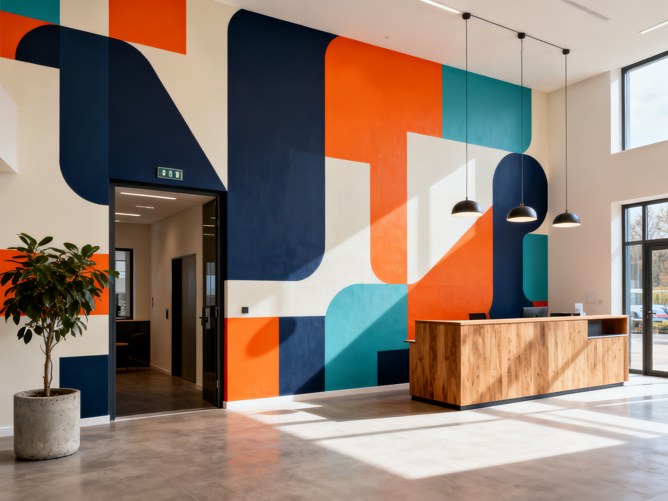 Hall d'accueil moderne avec mur entier couvert d'une fresque imprimée géométrique navy et orange