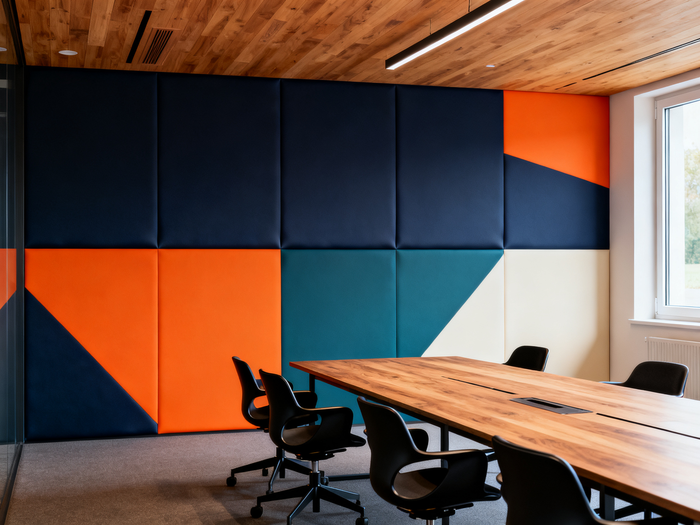 Salle de réunion avec mur habillé en vinyle texturé navy et plafond bois