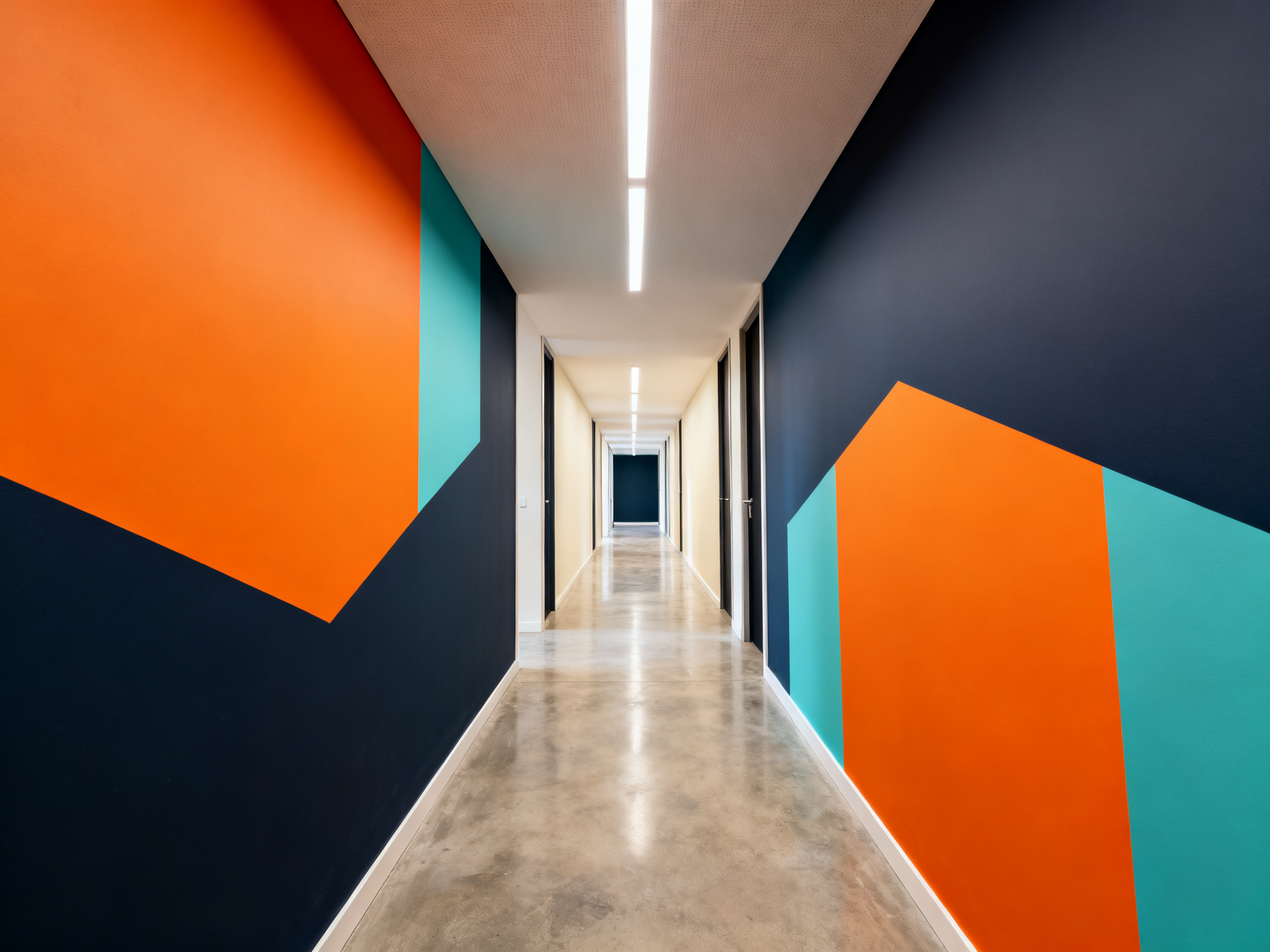 Couloir de bureau avec signalétique de direction orange et teal en vinyle