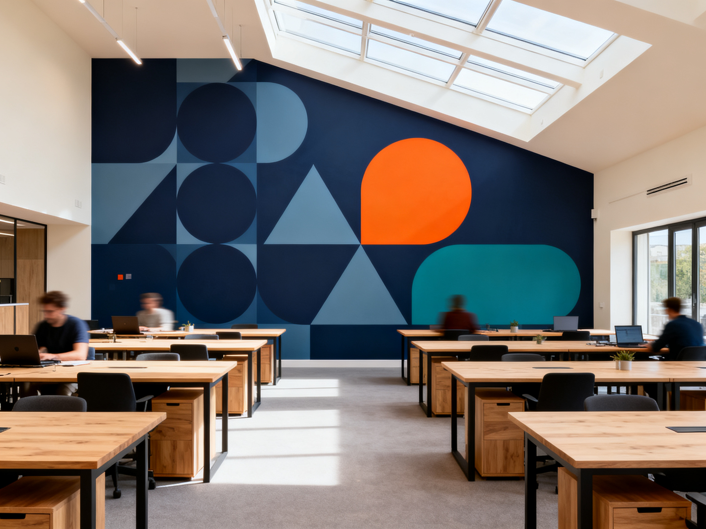 Open space de coworking avec mur accent habillé d'une fresque géométrique navy
