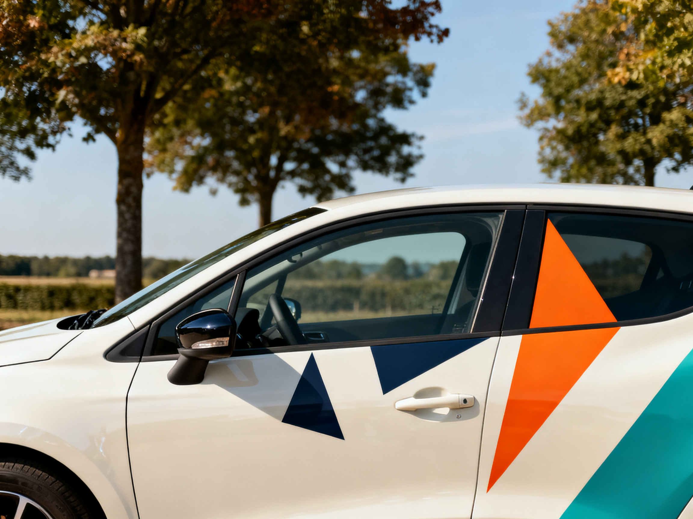 Citadine Clio blanche avec lettrage géométrique vinyle navy et orange sur portière