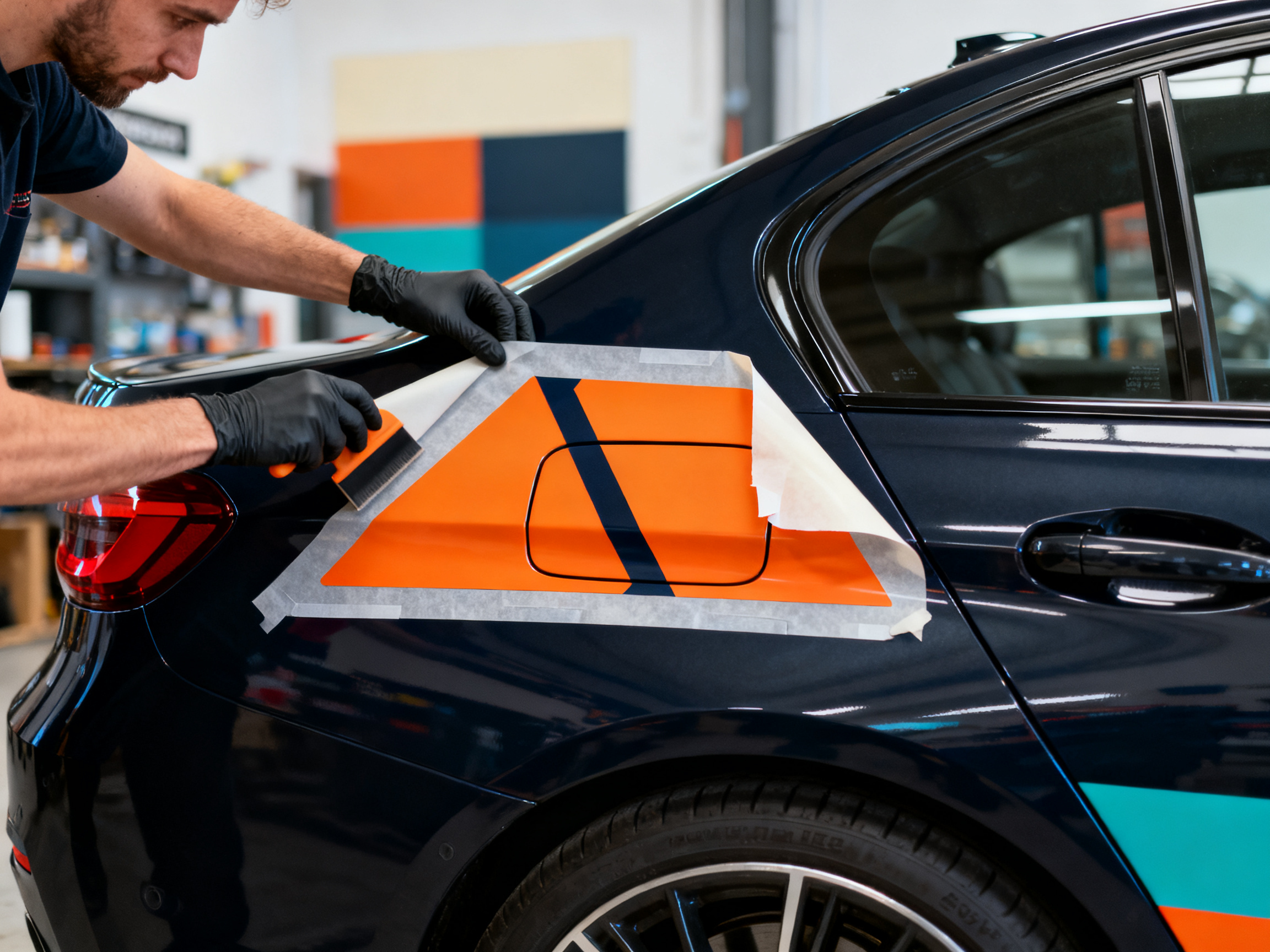 Mains gantées posant un vinyle découpé orange sur la porte arrière d'une berline noire