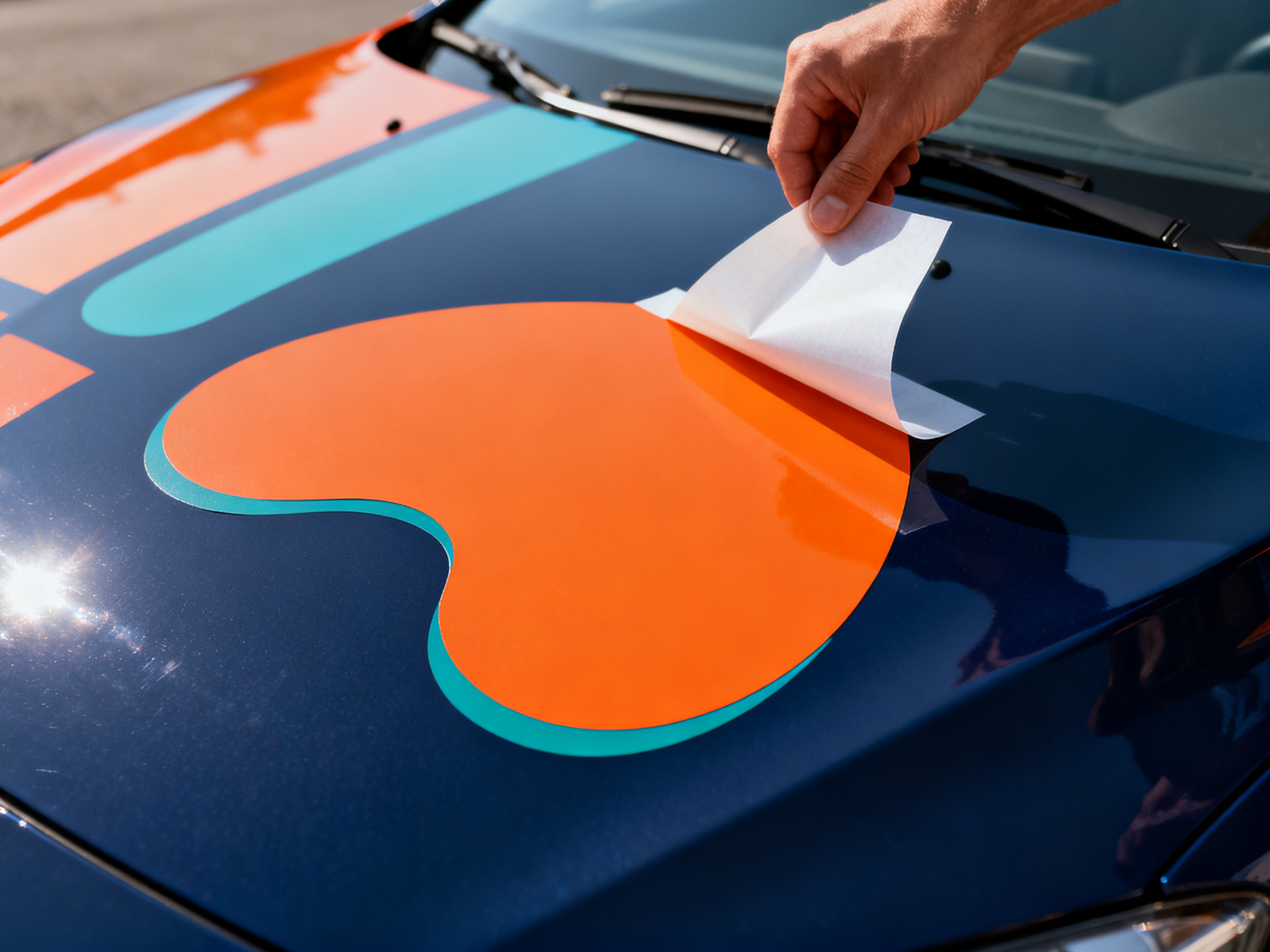 Gros plan sur un transfer tape retiré d'une forme orange posée sur un capot bleu