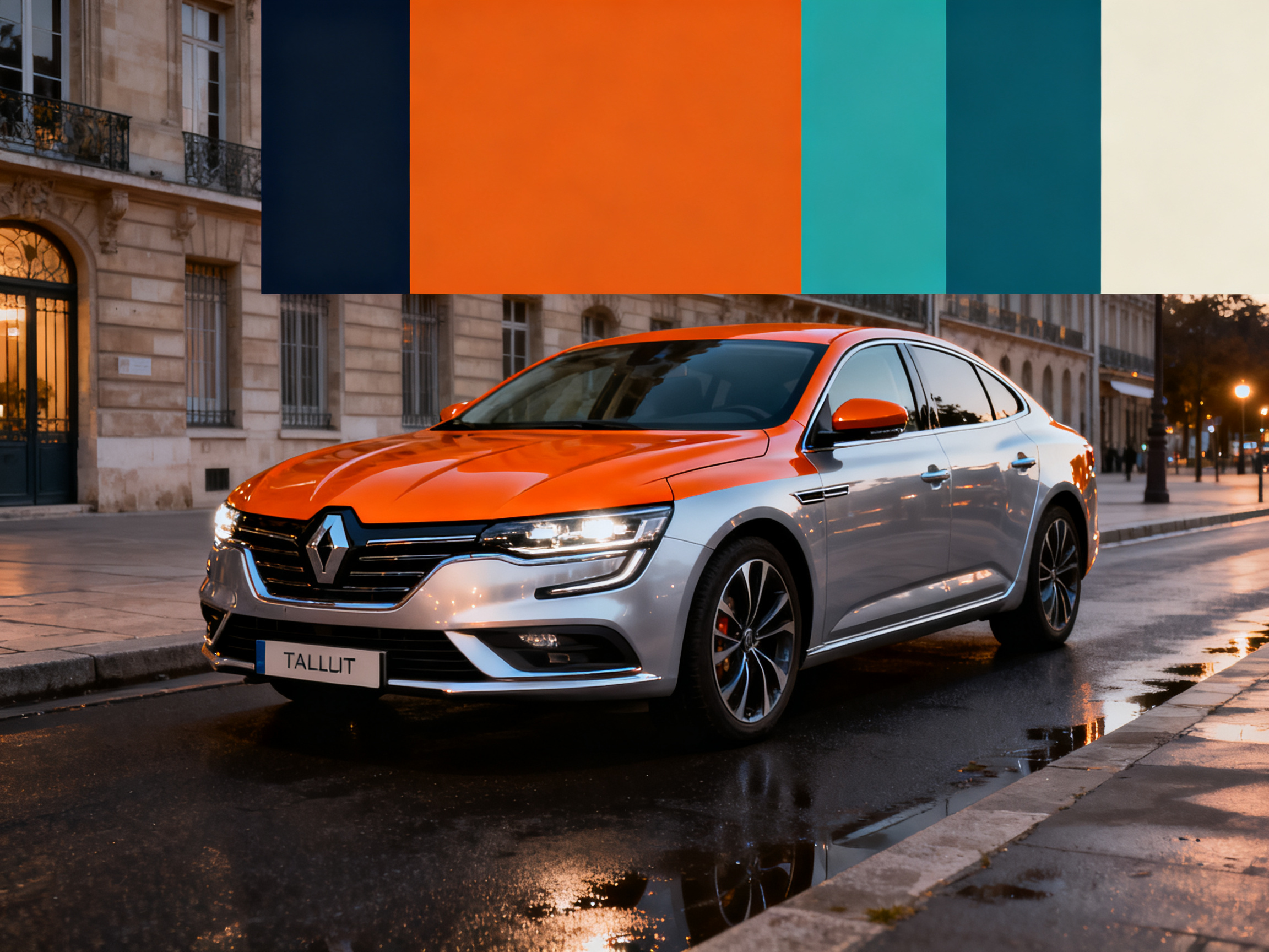 Berline argent avec capot et toit en covering orange brillant