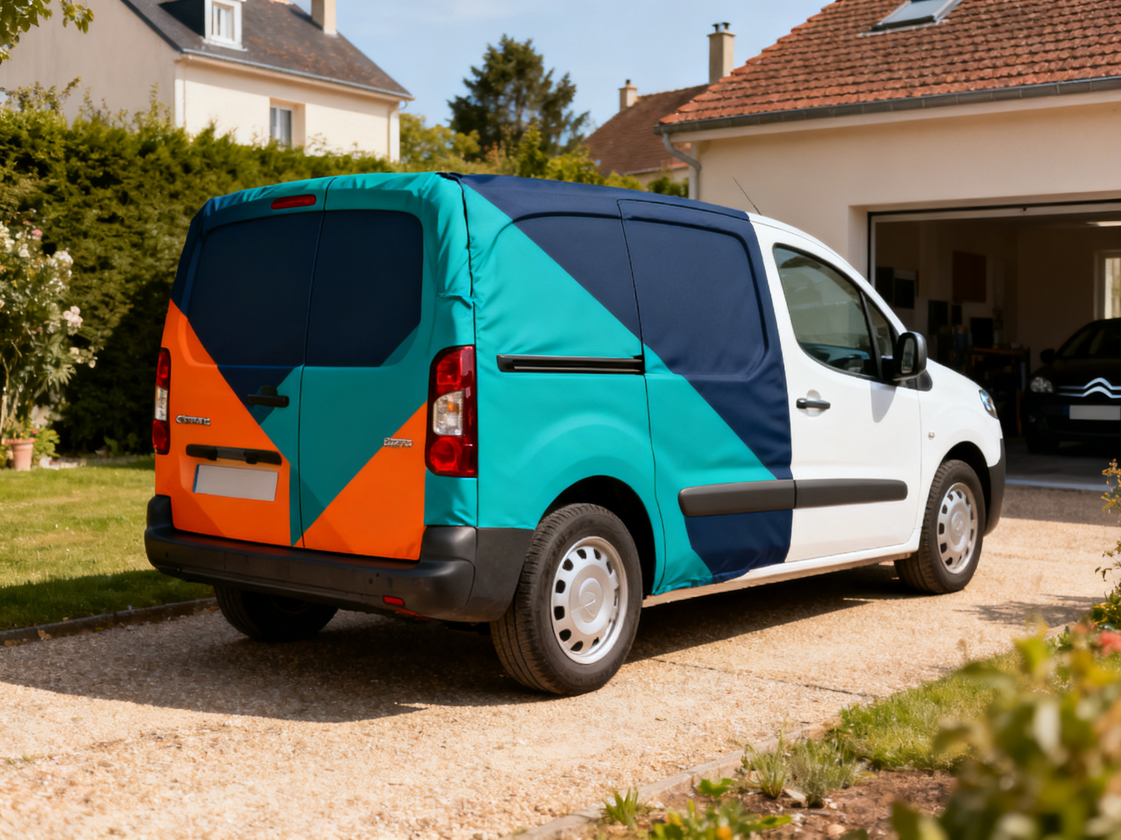 Berlingo blanc avec quarts arrière et portes en covering teal et navy