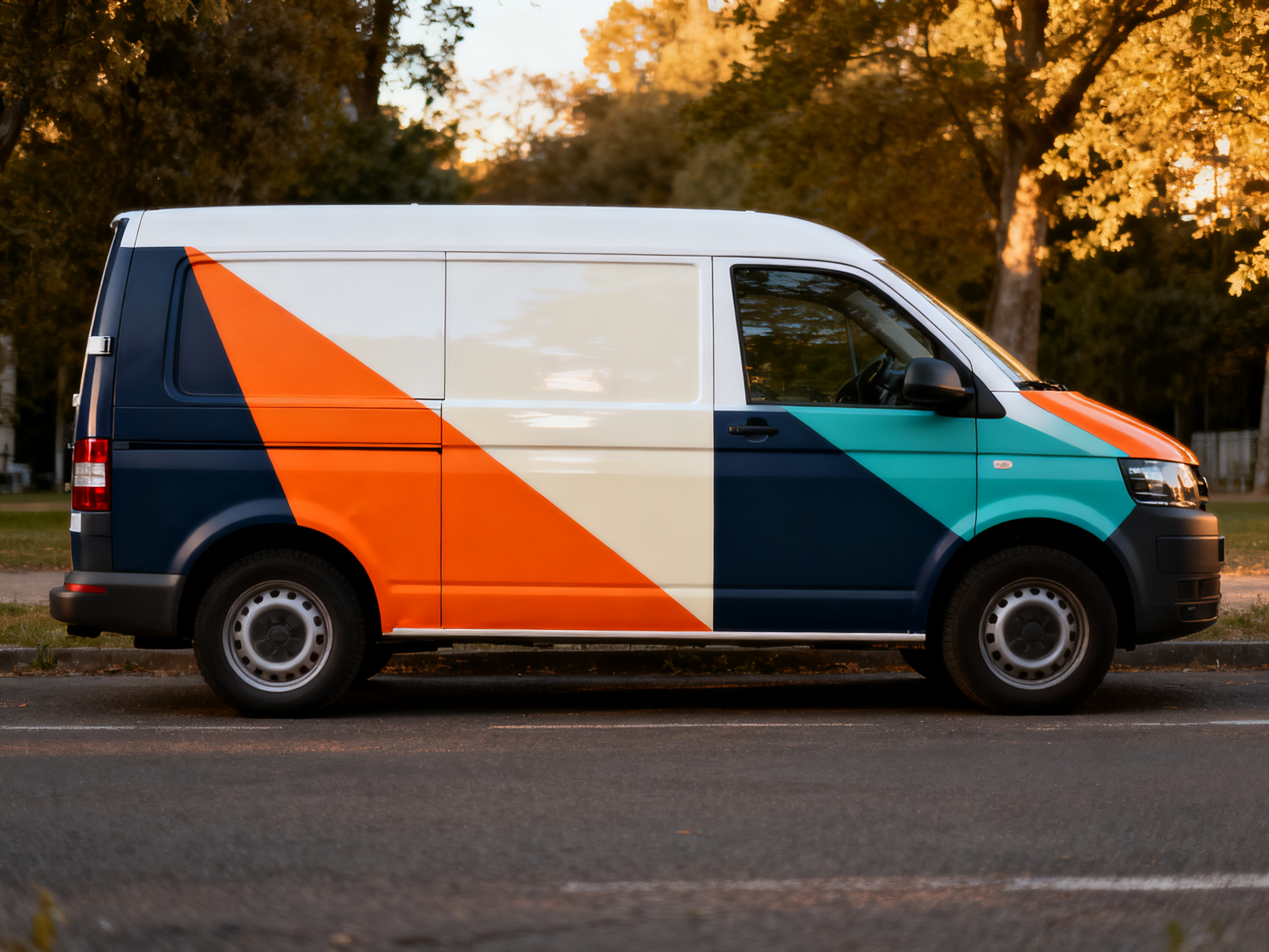 Fourgon blanc avec flancs habillés de triangles orange et blocs navy