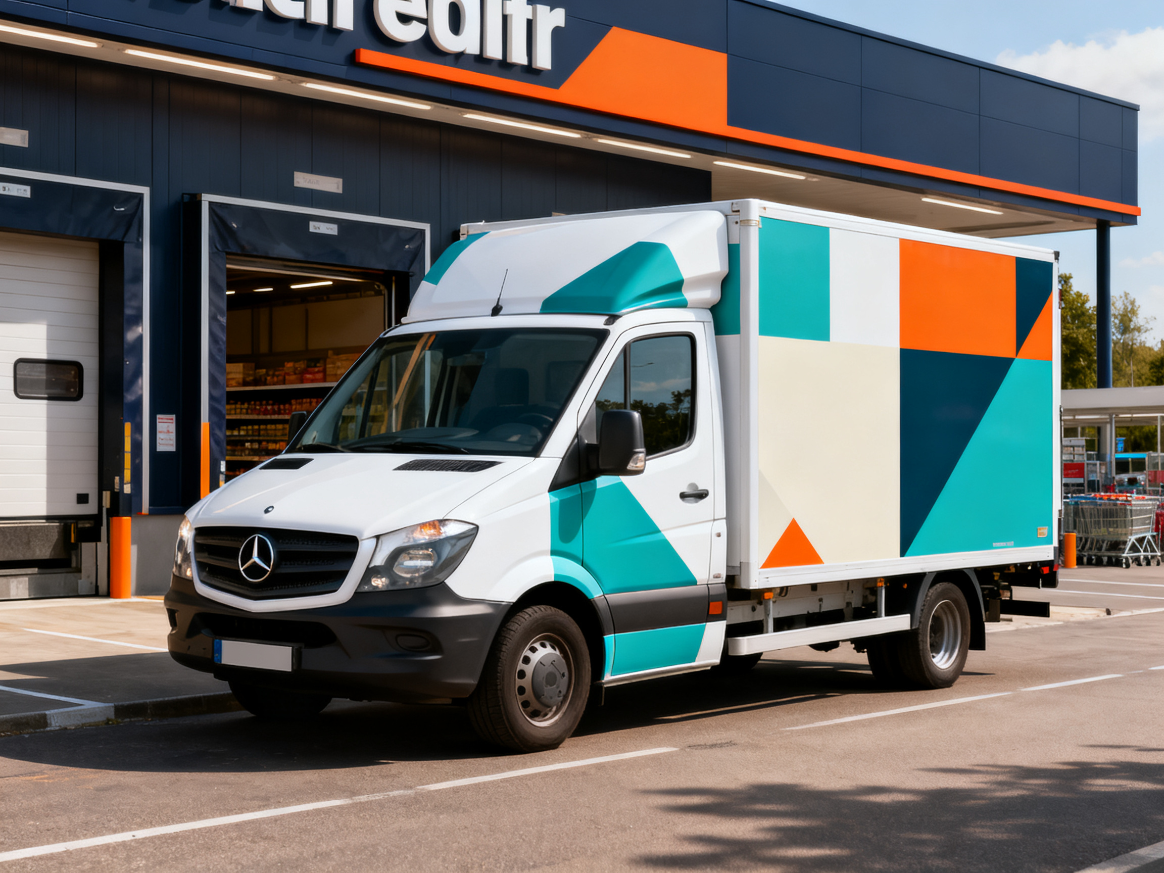 Camion frigorifique Mercedes Sprinter habillé en blanc et teal devant supermarché