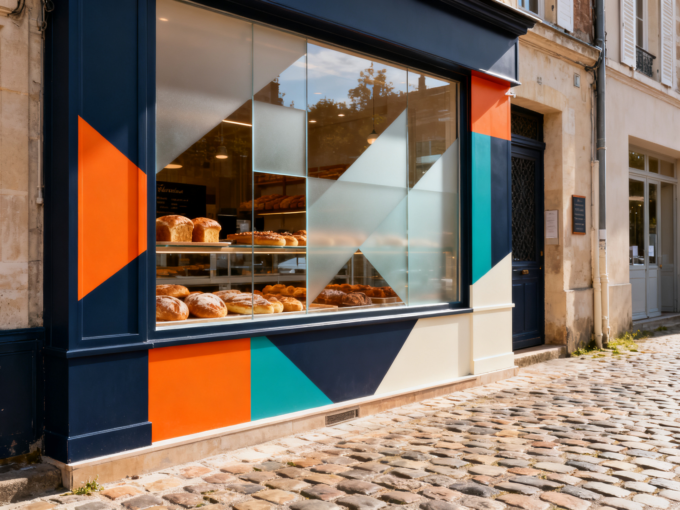 Boulangerie française avec vitrine habillée en dépoli géométrique discret