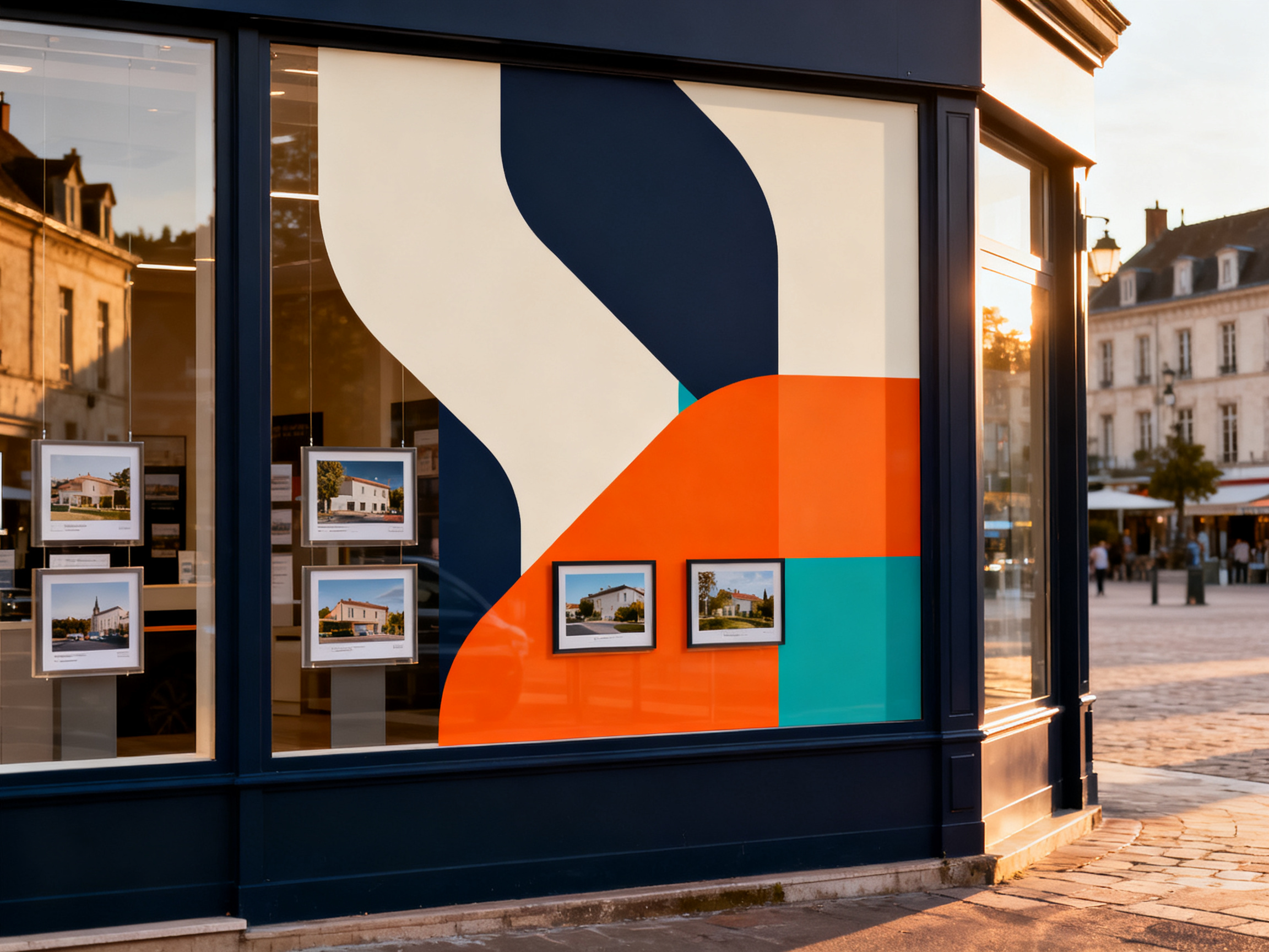 Agence immobilière Rambouillet avec film micro-perforé géométrique sur toute la vitrine