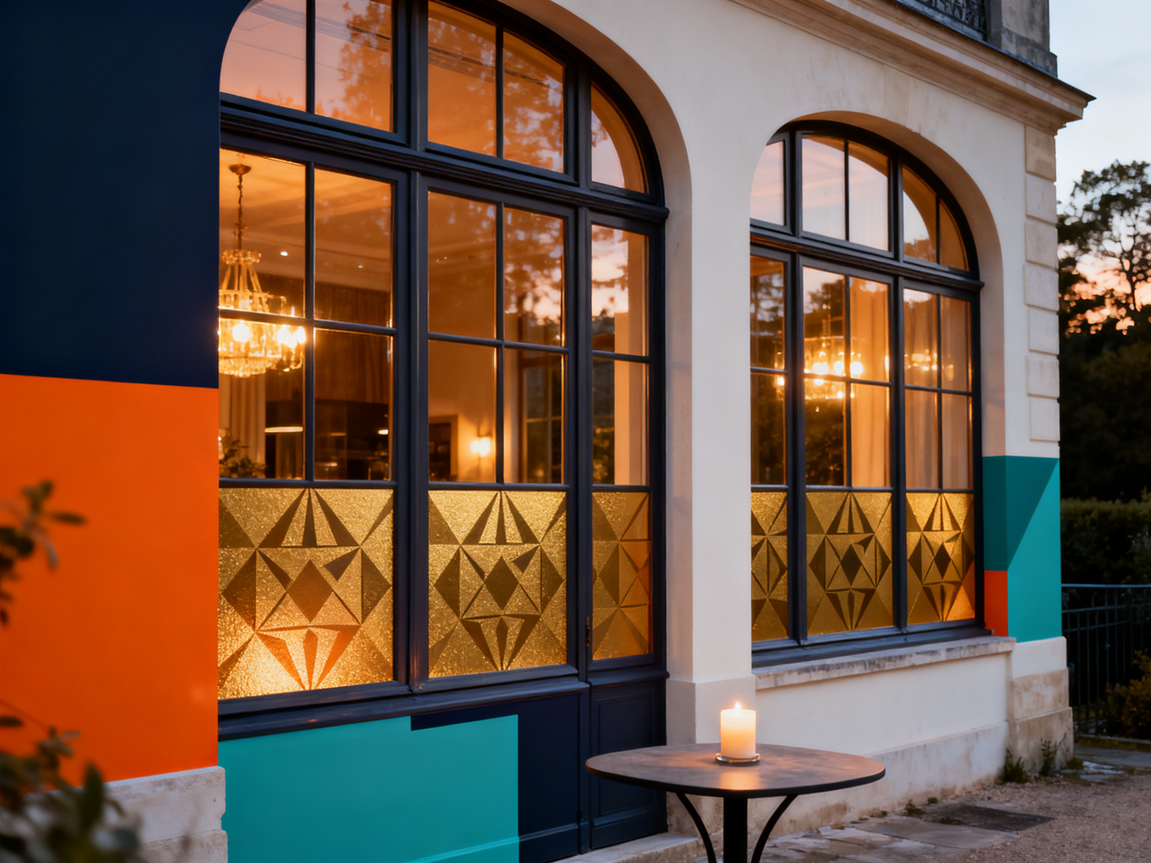 Devanture de bistrot français au crépuscule avec motif vinyle or sur la baie vitrée