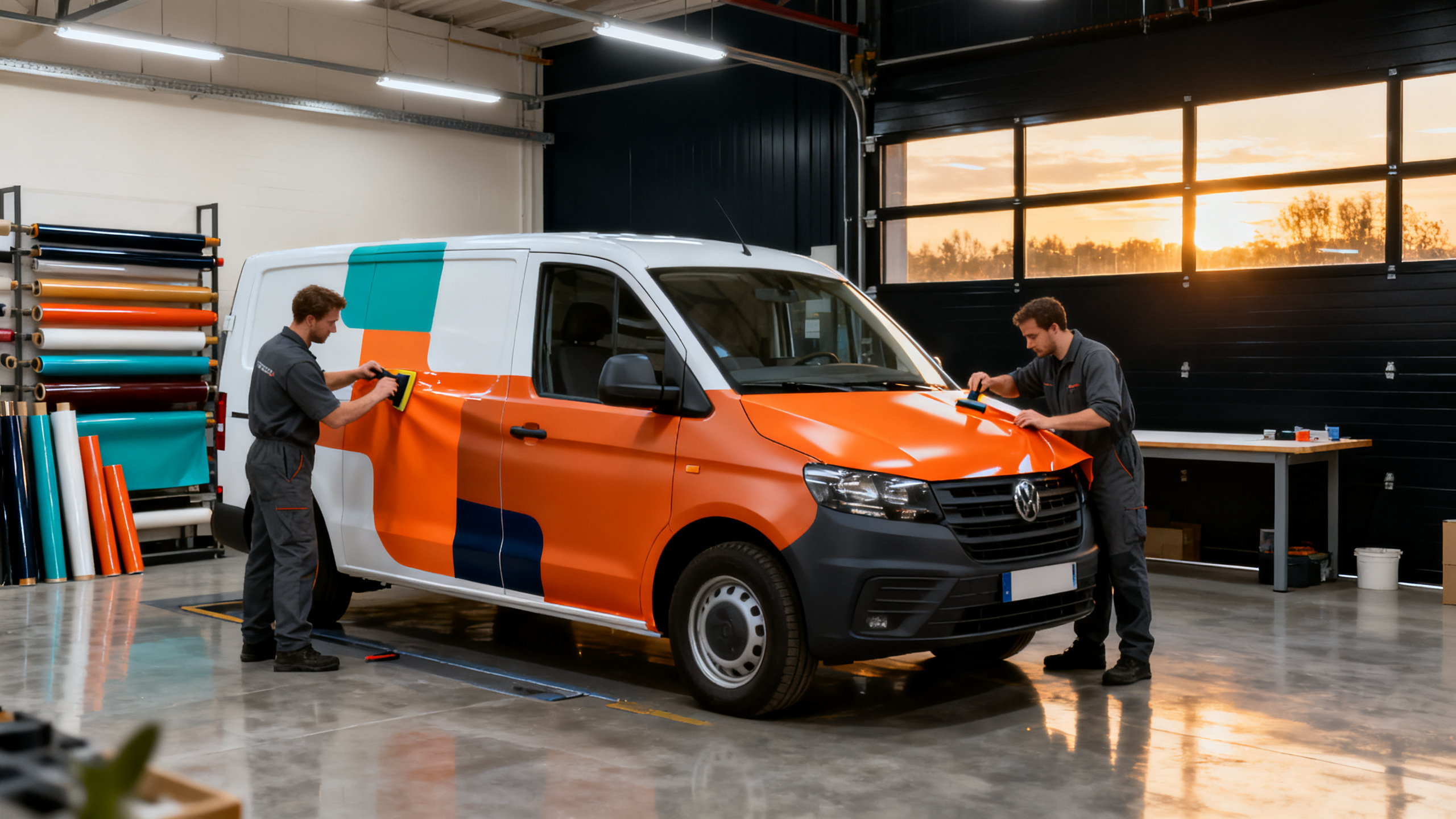Atelier Pubcovering à Rambouillet — pose d'un covering orange sur fourgon