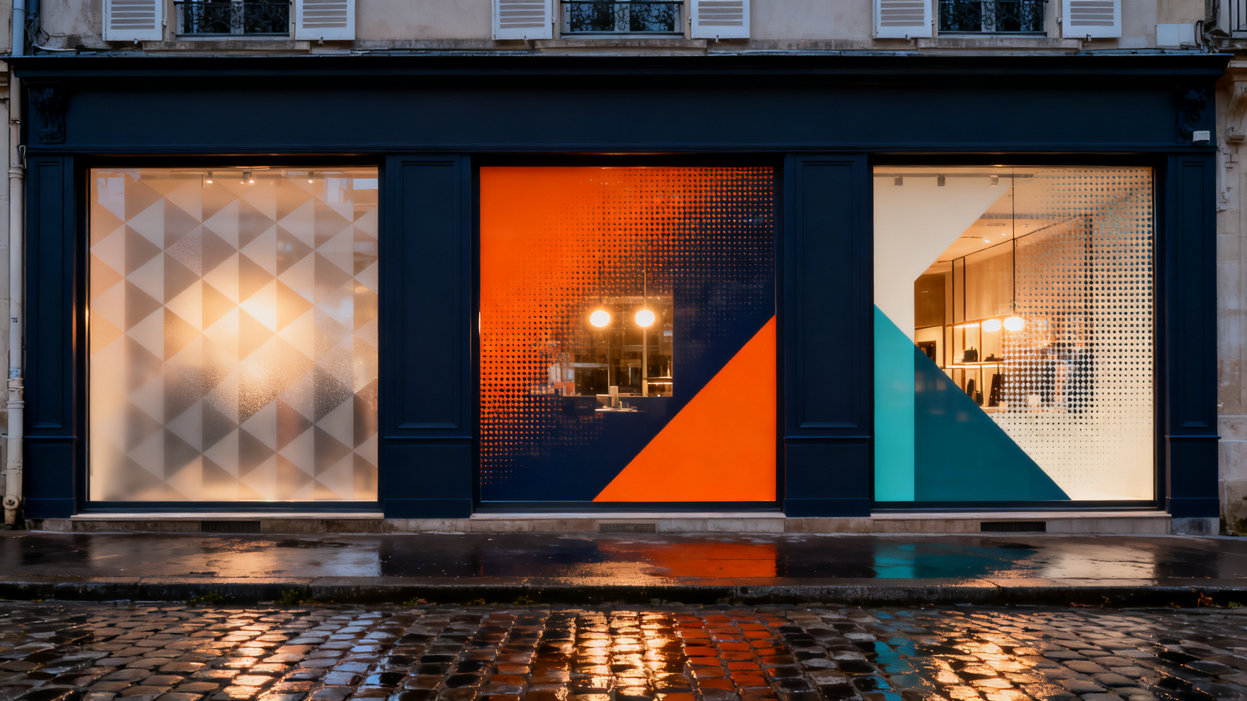 Vitrine de commerce habillée en vitrophanie dépolie et lettrage découpé — pose Pubcovering Rambouillet